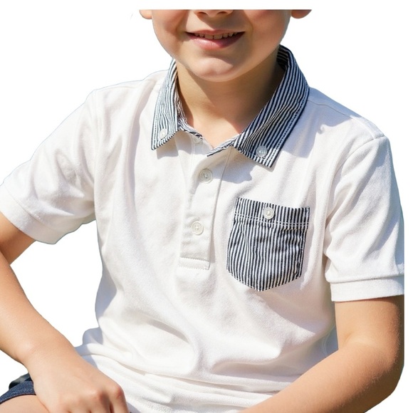 Hope & Henry Kids White Organic Cotton Polo with Striped Collar and pocket M 7/8 - Picture 3 of 4